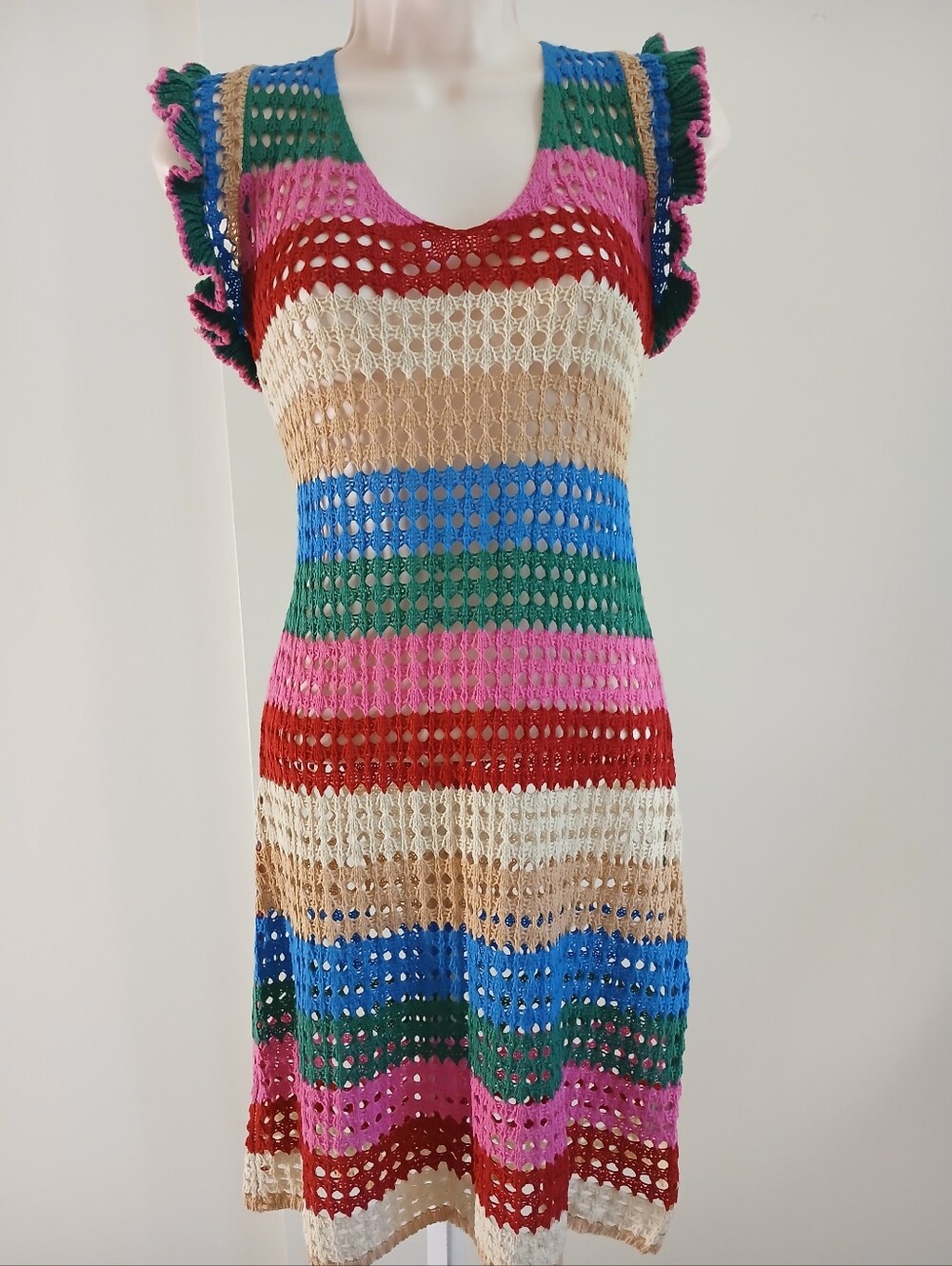 Ailaoyou Rainbow Stripe Crochet Knit Beach Swim Coverup Dress – One Size